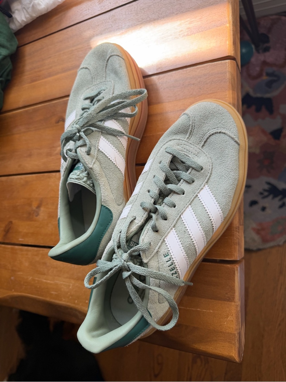 adidas Suede Gazelle Sneakers in Sage Green and White with Gum Sole